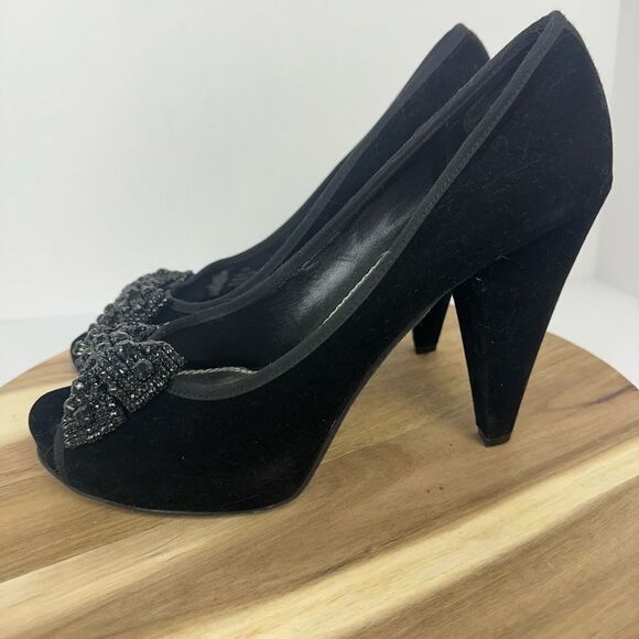 GIANNI BINI Black Velvet Peep Toe Heels Shoes Rhinestone Bow Women's size 10 - Picture 1 of 12